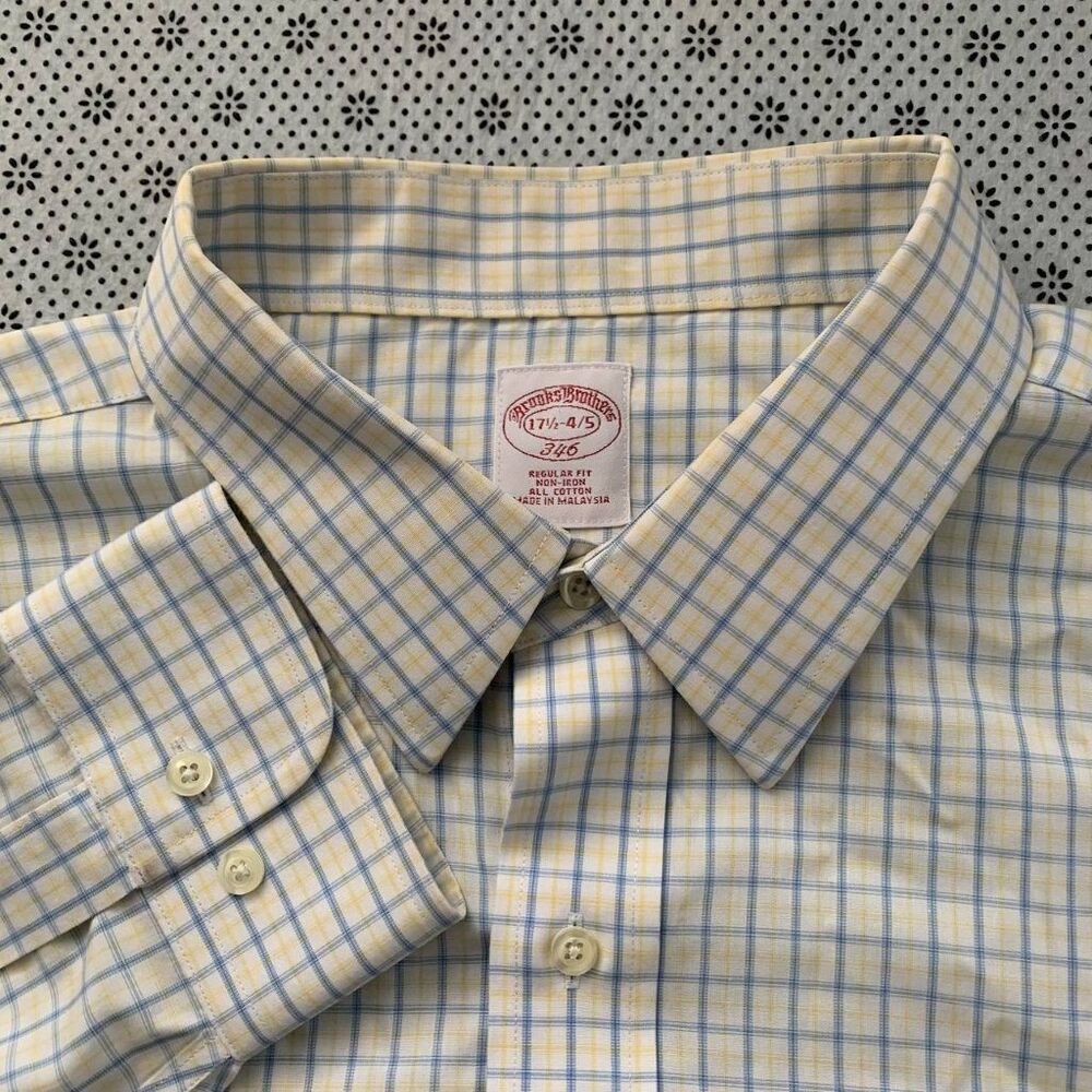 Brooks Brothers 346 Non-Iron Dress Shirt 17.5-4/5 Regular Fit Plaid Cotton White